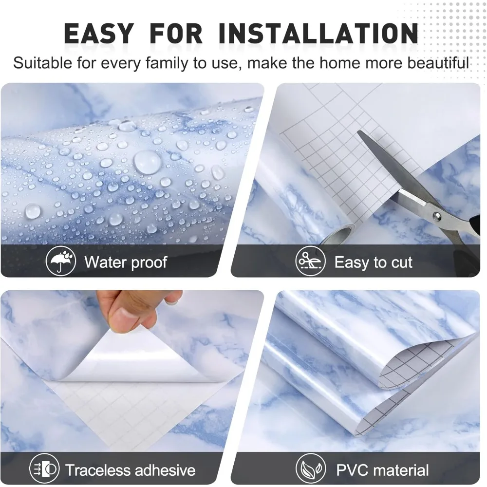 ورق جدران رخامي لامع مقاوم للماء وقابل للإزالة ذاتي اللصق لأسطح الكونترتوب والأثاث - تصميم قشر وعصا باللونين الأبيض والأزرق
