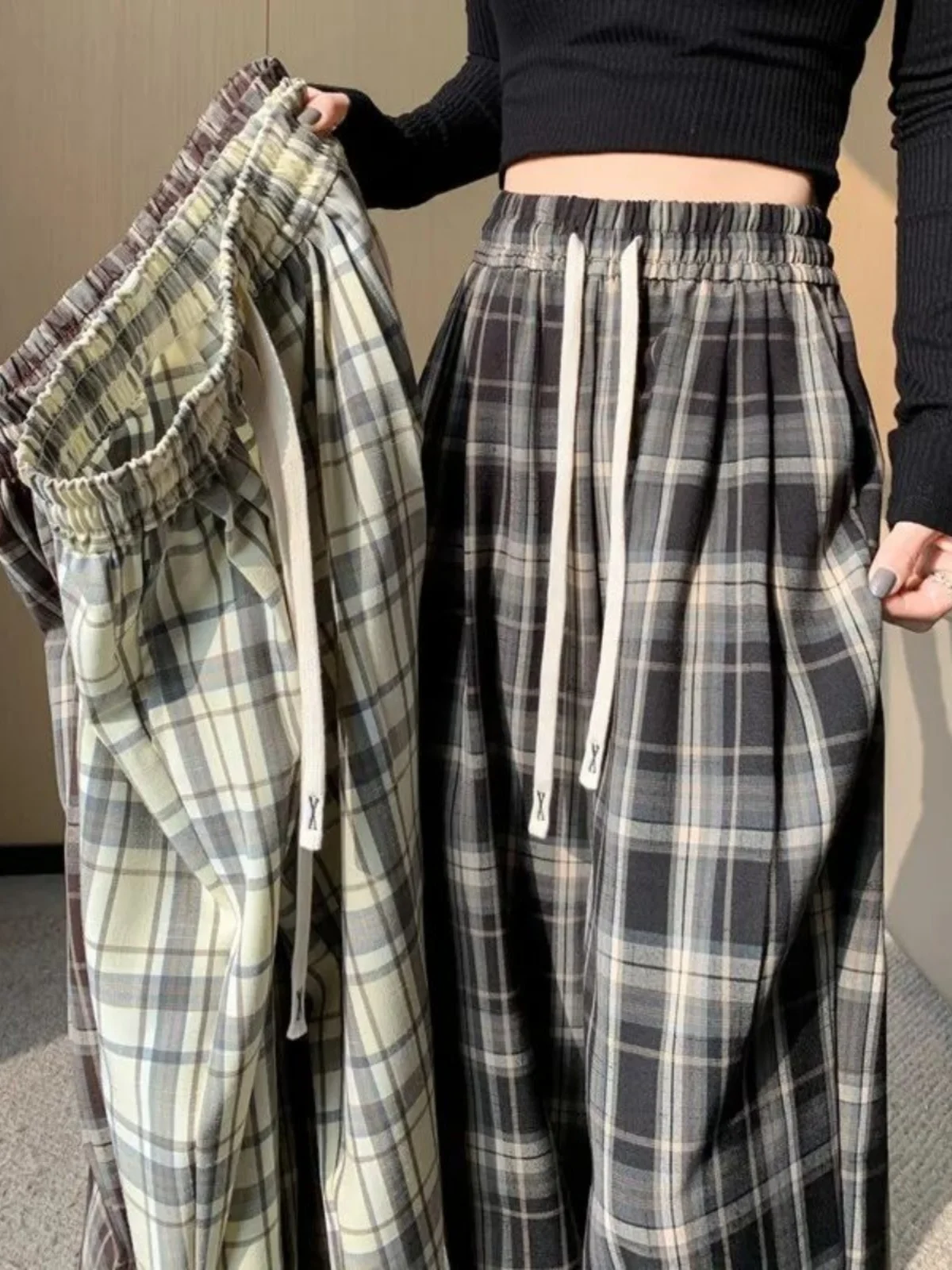 

plus Size Summer Thin High Waist Plaid Pants Women's Loose Elastic Waist Casual Trousers Korean Style Commute Fashion
