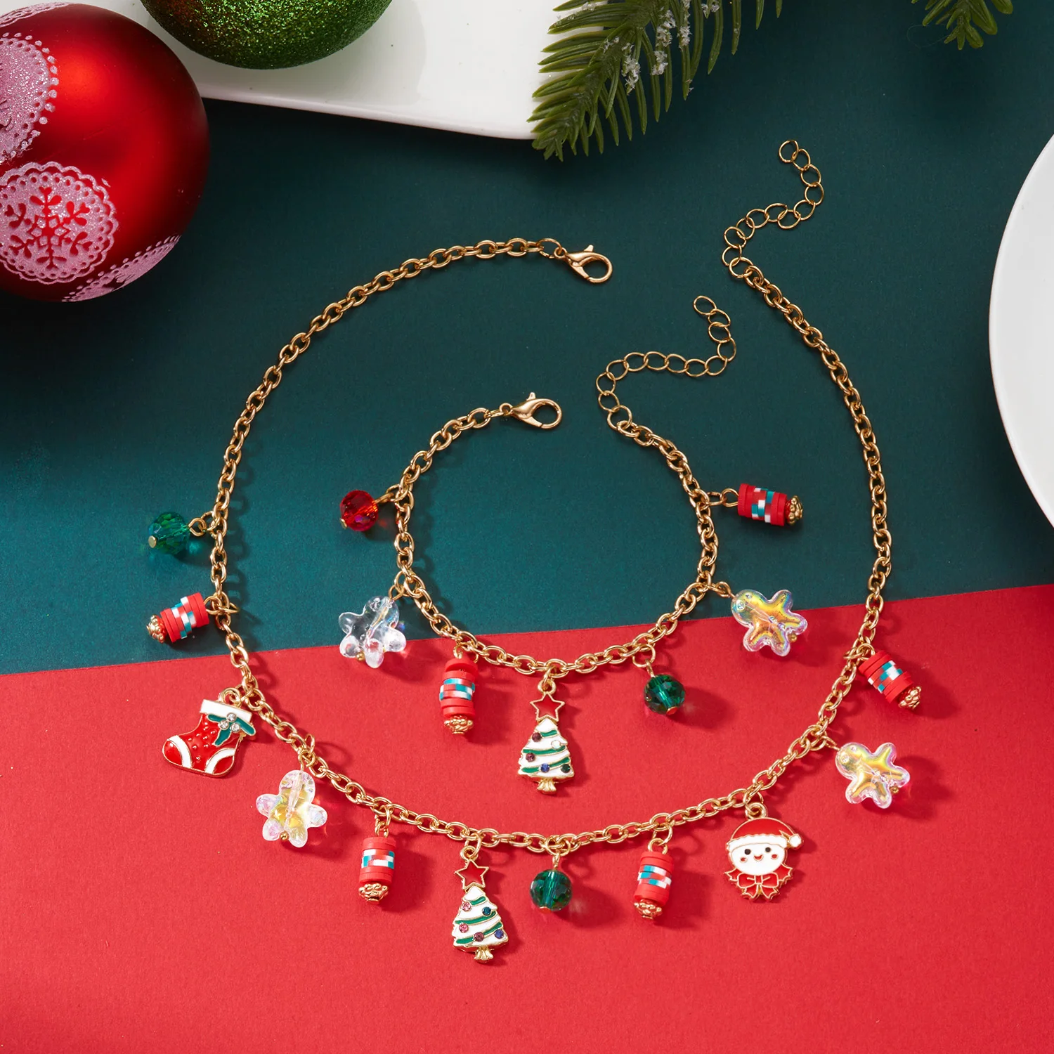 Einfache Weihnachts-Mehrelement-Anhänger-Halskette und Armband für Frauen, Handgefertigtes Schneemann-Glocken-Kettenarmband, Charms, Neujahrs-Schmuck – Detail 9