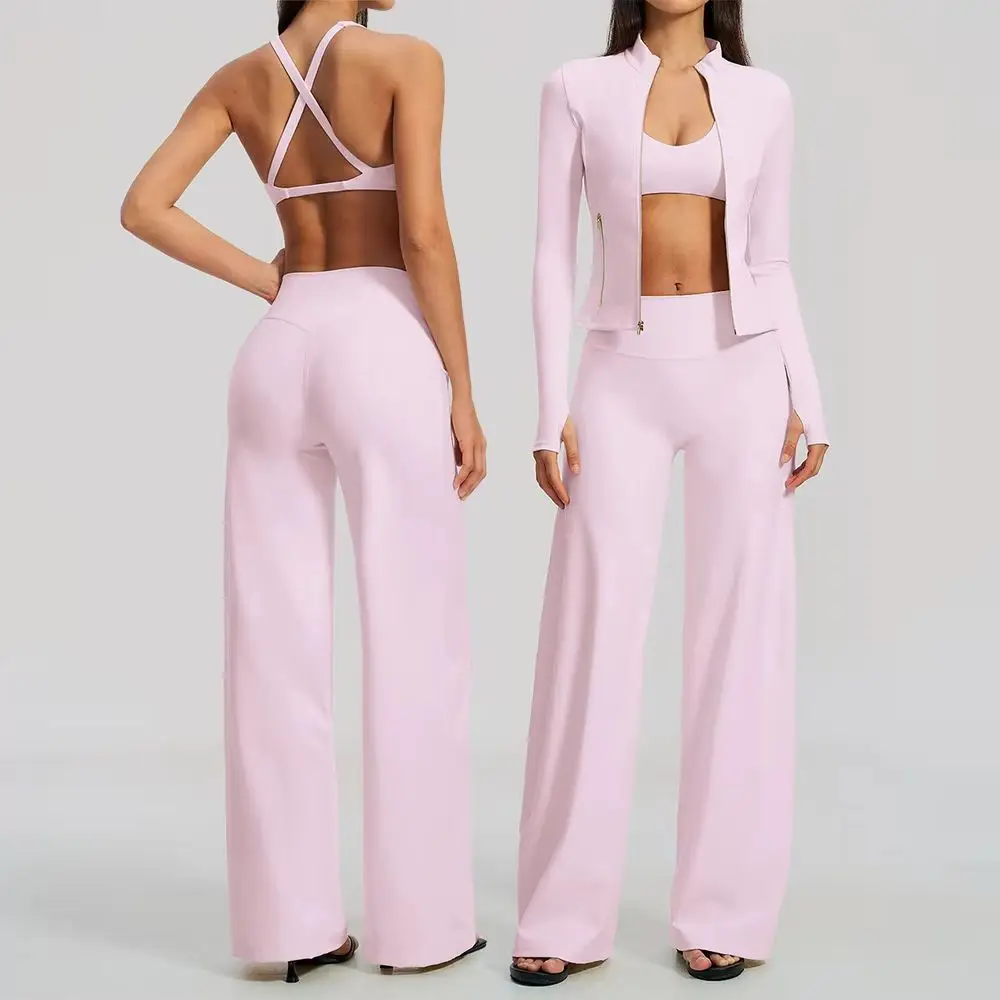 Women's 2/3Pcs Yoga Set Zip Jacket Sports Bra Cross Back Wide Leg Flare Pants Push Up Gym Set Workout Running Fitness Activewear