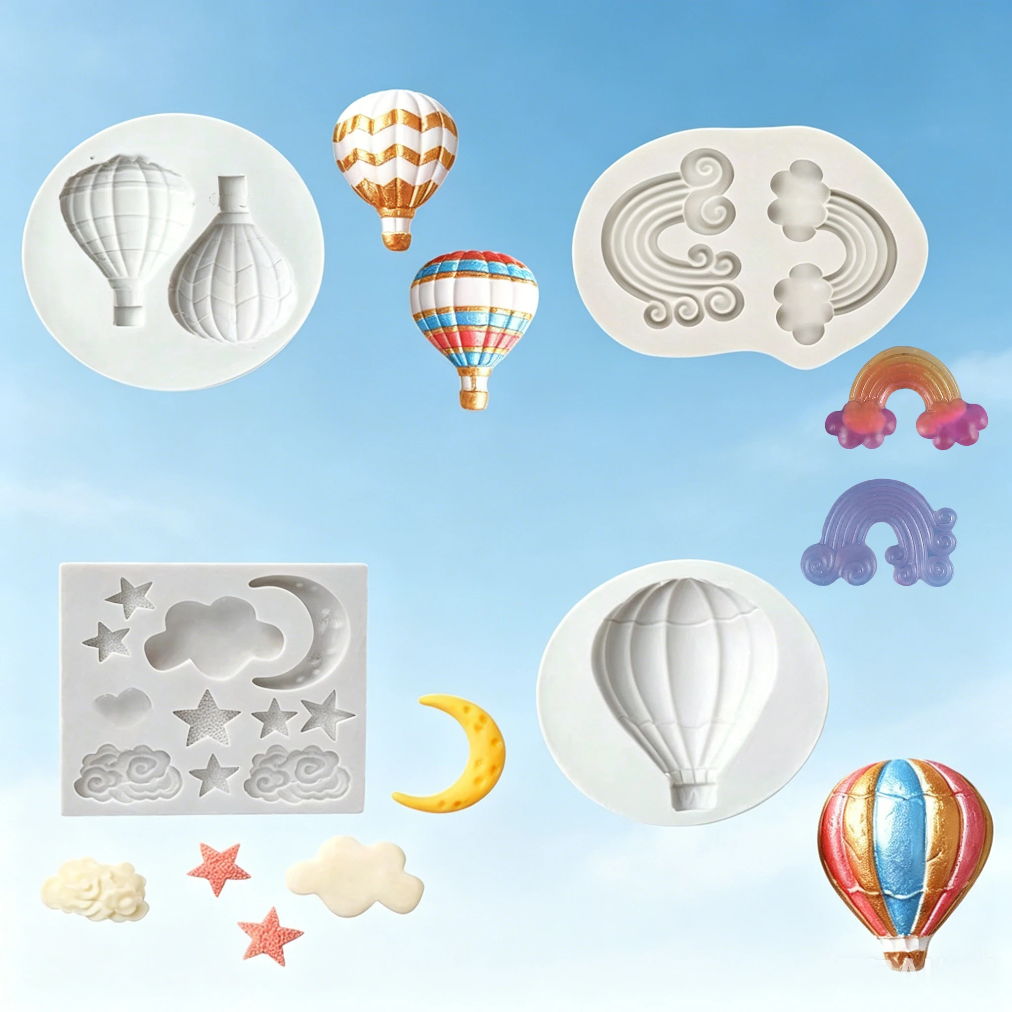 Moon Star Clouds Hot Air Balloon Rainbow Silicone Mold Chocolate Candy Fondant Cookie Baking Polymer Clay Cake Decoration Mold