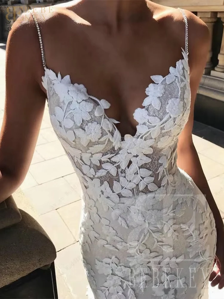 BEBEKEY Abito da sposa sexy in pizzo personalizzato senza spalline Abito da cerimonia nuziale a sirena Abiti da sposa senza schienale Abiti formali Robe