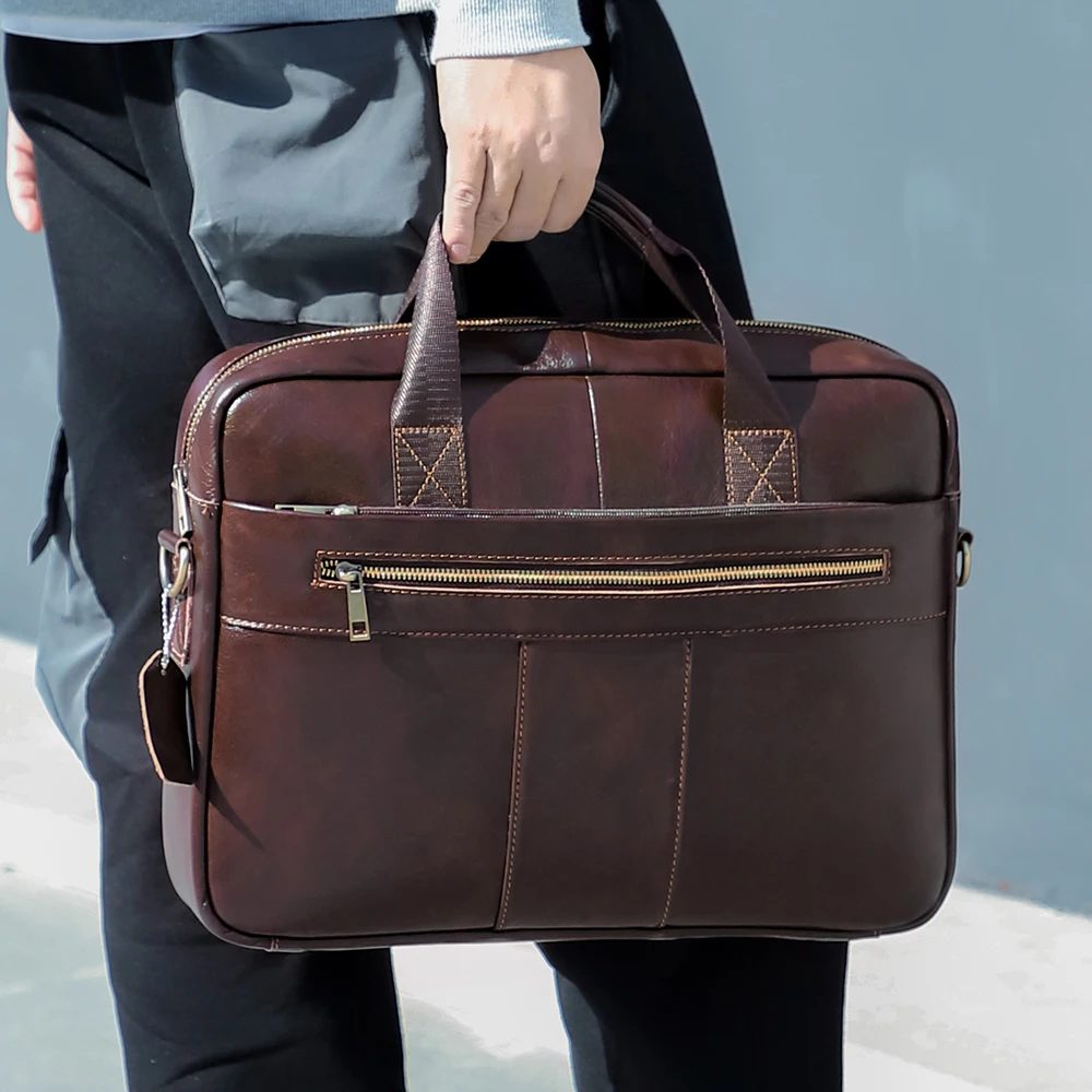 

New Coffee Genuine Leather A4 Office Executive 14‘’ 15.6'' Laptop Men Briefcase Messenger Bag Portfolio Handbag Promotion M6523