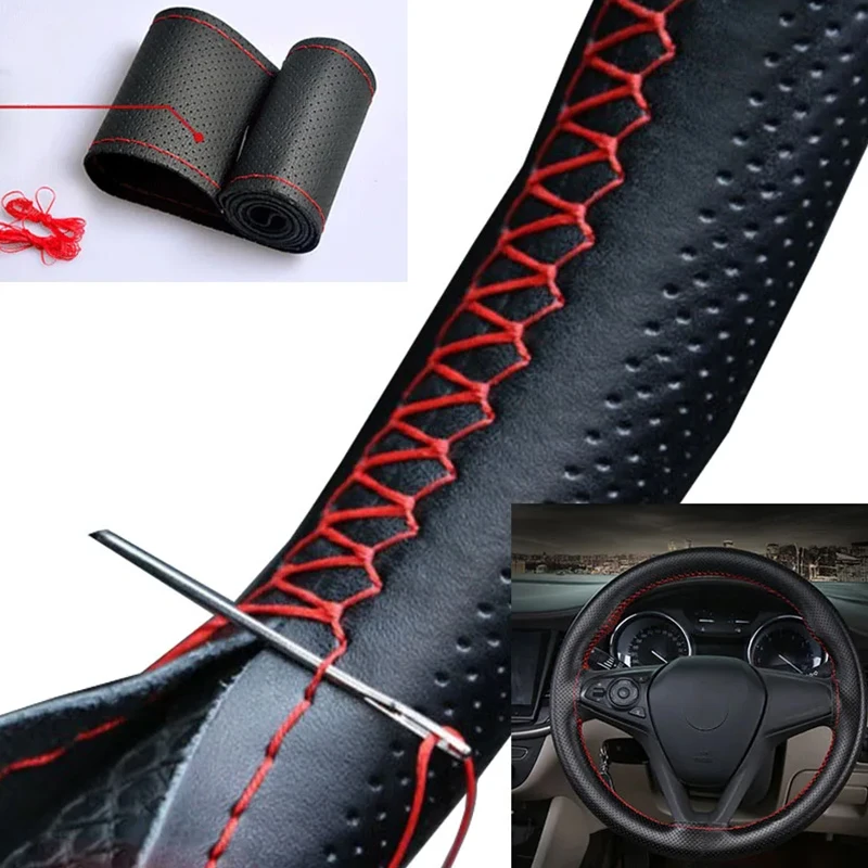37-38cm Universal DIY Braided Sew Steering Wheel Cover Premium Leather Anti-Slip Sweat Resistant Hand Sew Car Interior Supplies