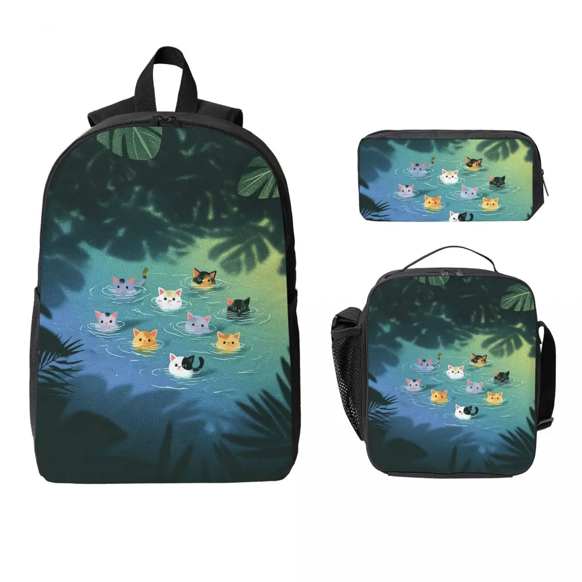 Summer Pool Cartoon Cat Anime Backpack Boys Girls BookBag School Bag Laptop Shoulder Bags 3ps Insulated Lunch Bag Pencil Case