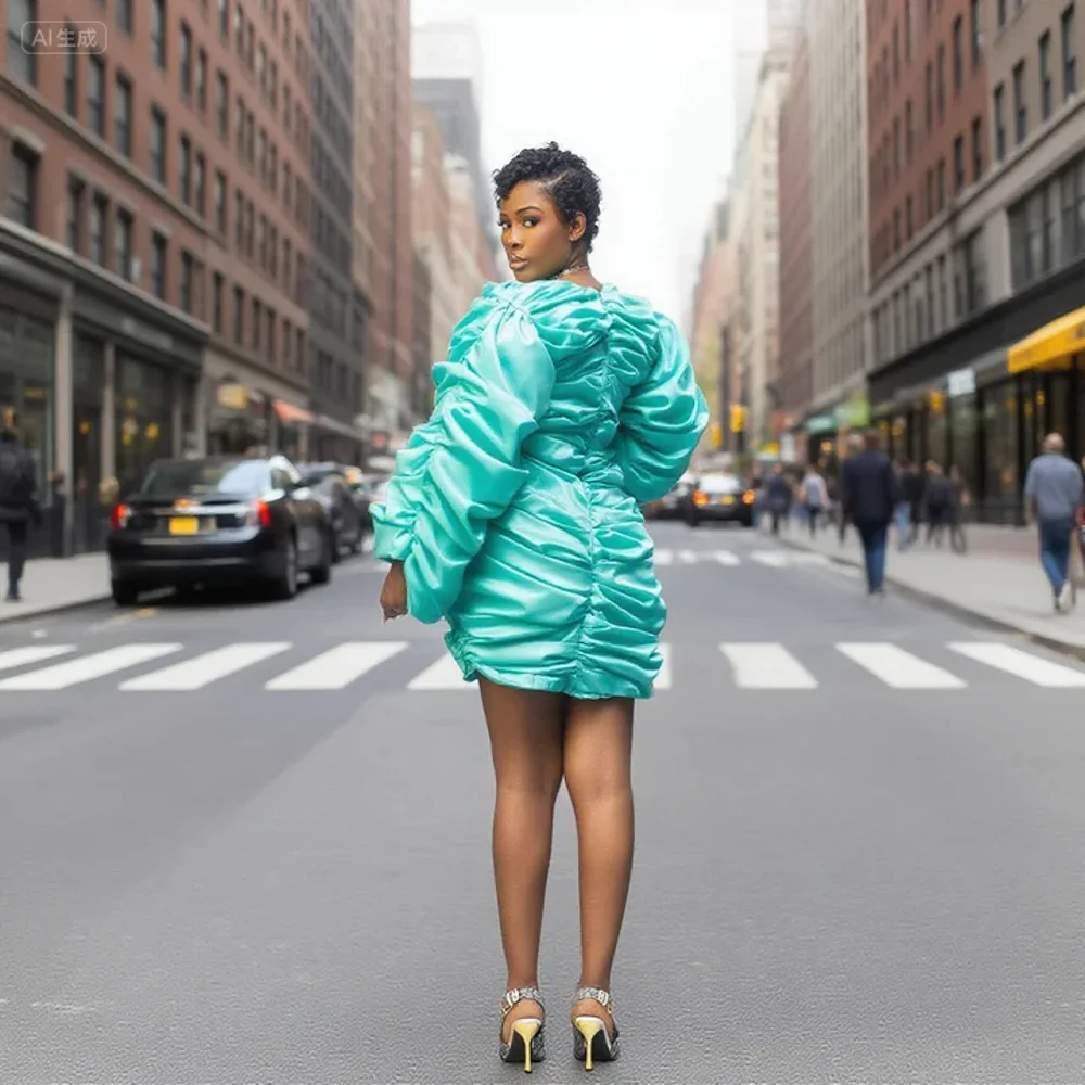 

Couture Aso Ebi Stylished Mint Green Pleated Satin Short Women Dresses Puff Sleeves Sheath Mini African Party Dress