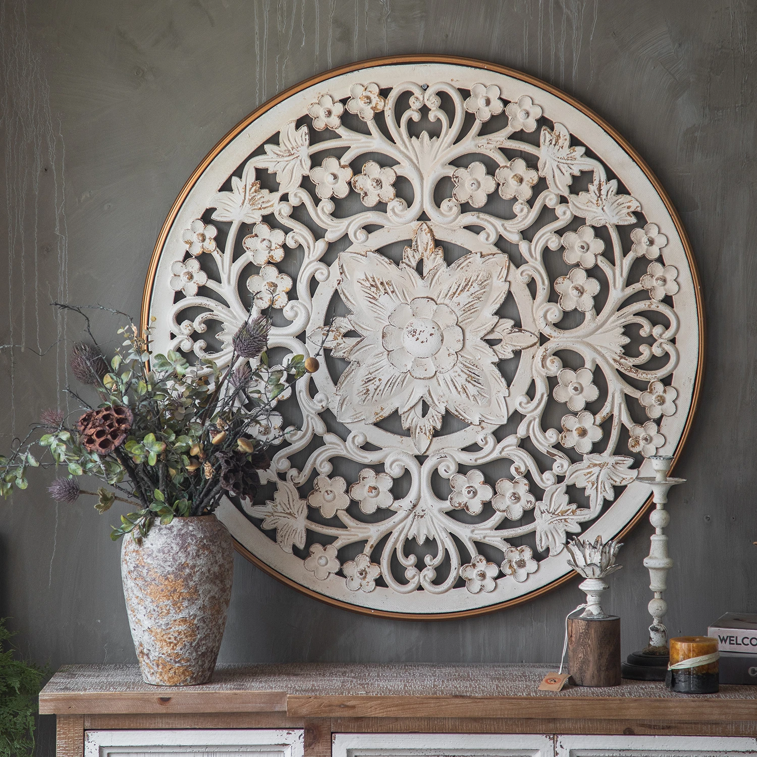 Antique White Wood Wall Finishes Handmade Home Decor Paneling Carved Circular Wall Finishes