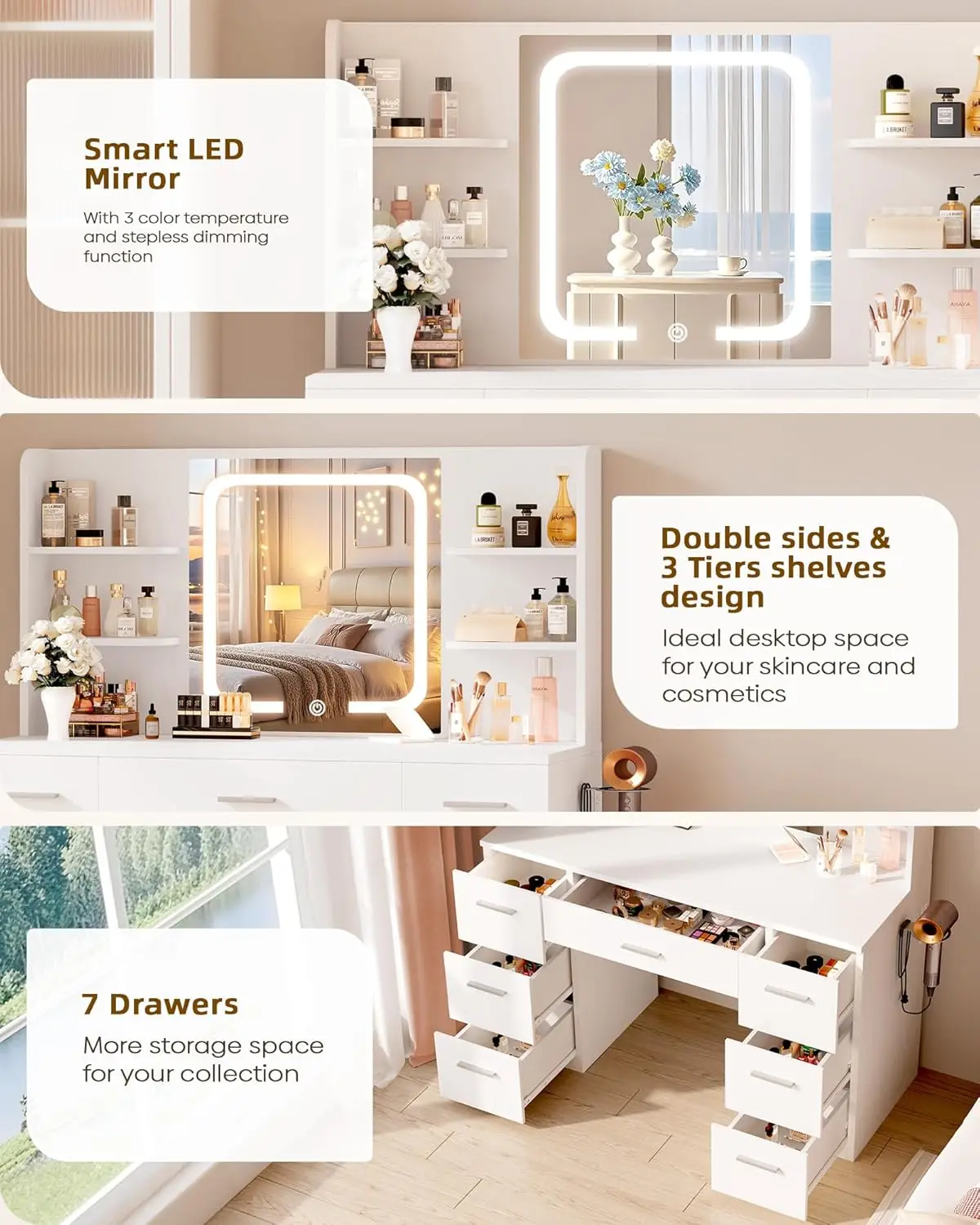 مكتب زينة مكياج أبيض كبير، 43.3 بوصة عرض × 15.7 بوصة عمق × 53.2 بوصة ارتفاع، مرآة LED، 4 أرفف، 7 أدراج، رف مجفف شعر، مخرج طاقة #5