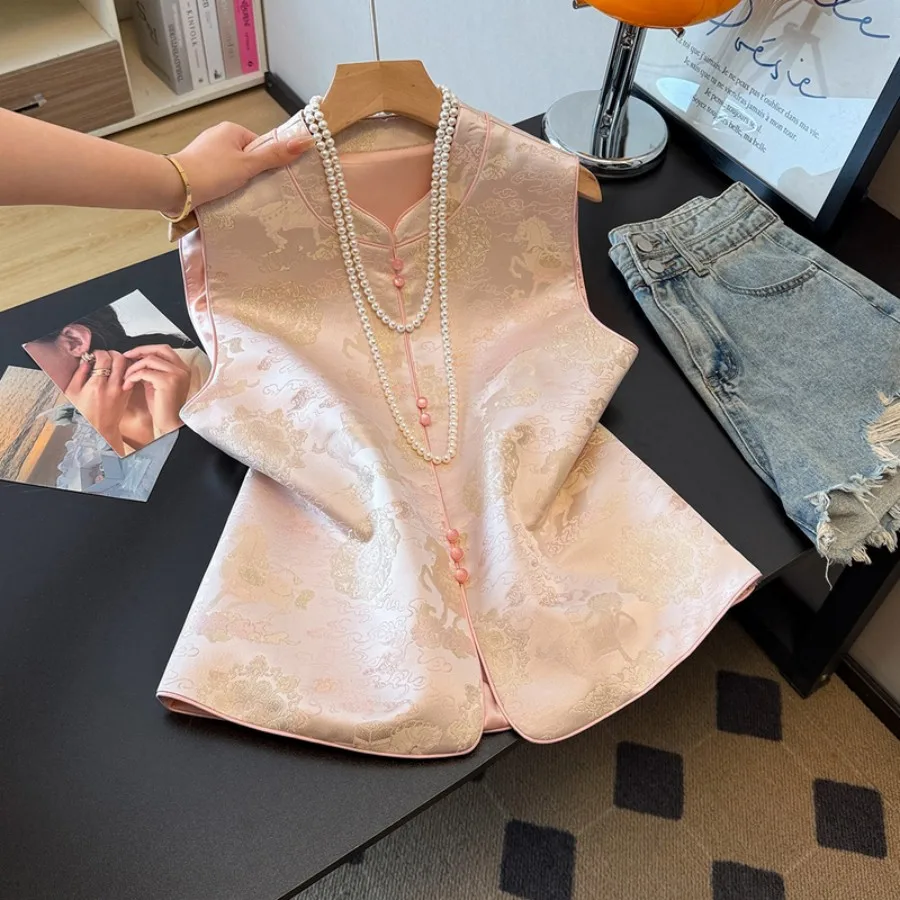 Handmade Chinese Style Reformed National Trend Satin Surface Embroidery Button Small Stand Collar High End Vest Top Coat