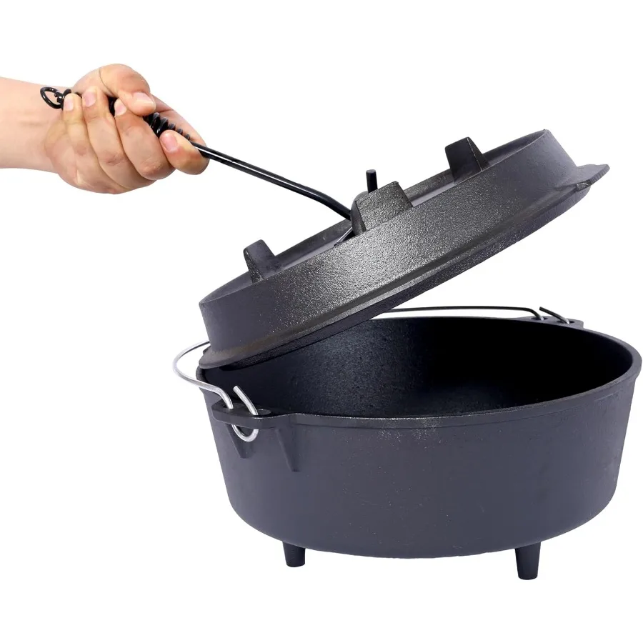 

8 Quart PreSeasoned Cast Iron Dutch Oven with Skillet Lid Outdoor Camping Deep Pot with Leg Base for Fireplace Cooking BBQ Baki