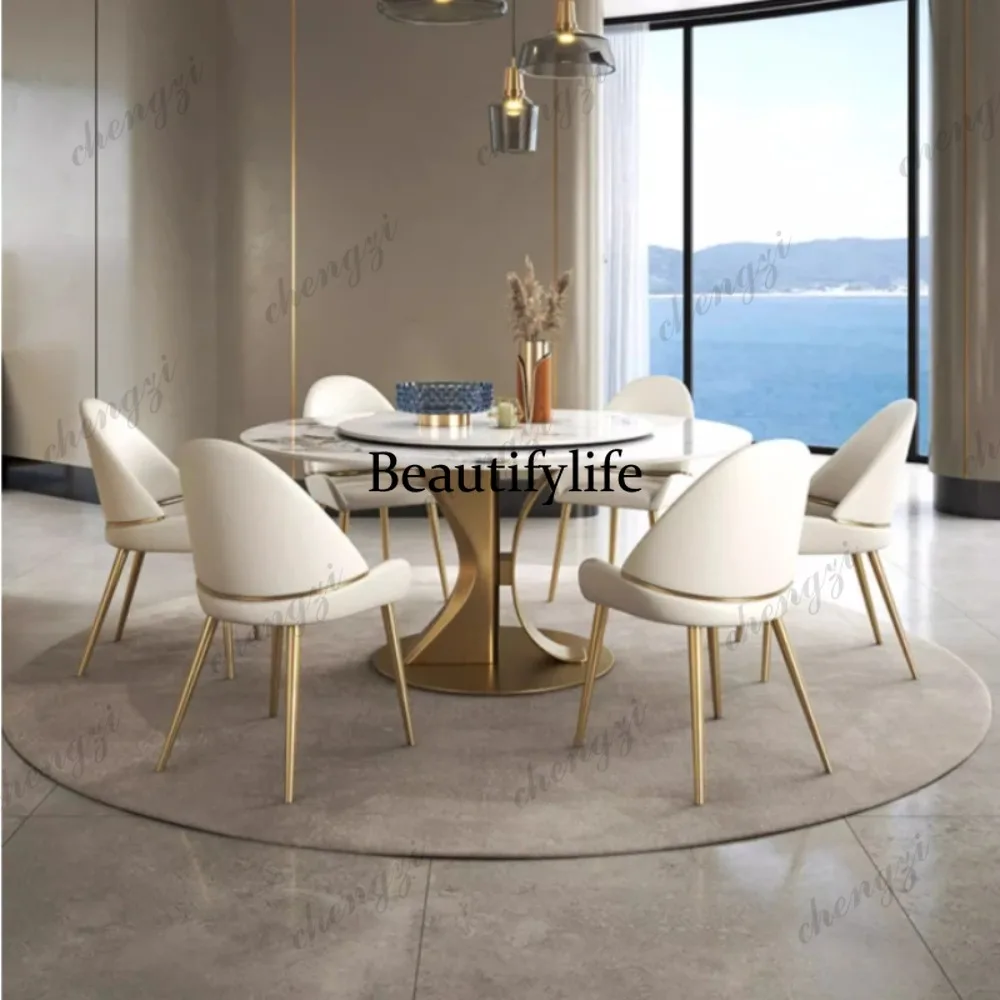 Luxury Round Dinning Marble Rock Slab Dining Table Set  Mesa Posta Furniture Meuble Stainless Steel Gold Base Designer