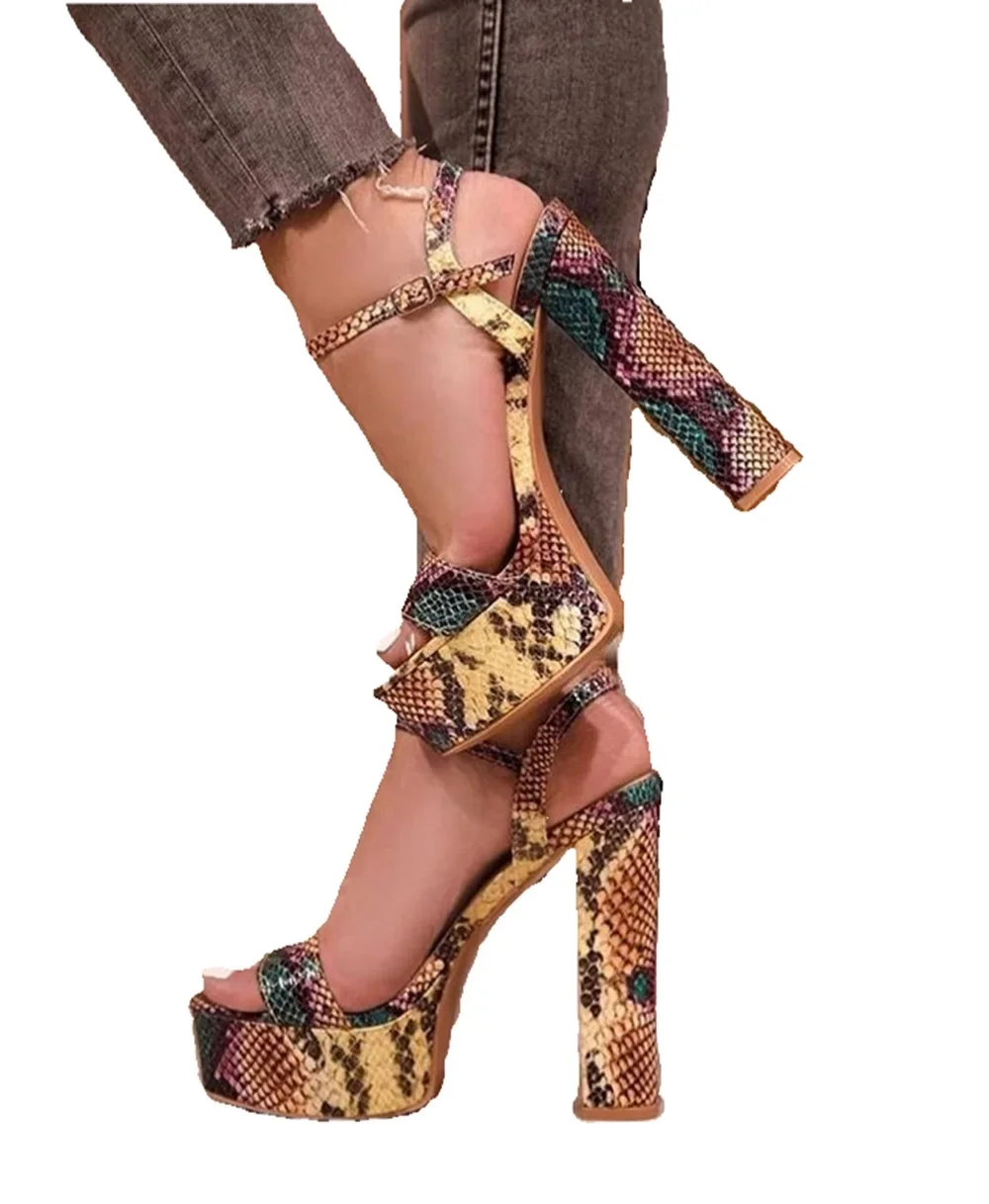 ALMUDENA المرأة مثير متعدد جلد الثعبان صندل كعب مكتنز منصة ملونة بيثون مشبك فستان بحزام أحذية Size47 مساء مضخات