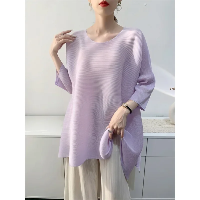 GGHK 2024 Spring Autumn New Pleated Women Top Solid Color Round Neck Seven-quarter Sleeve Design Loose Large Size Female T-shirt