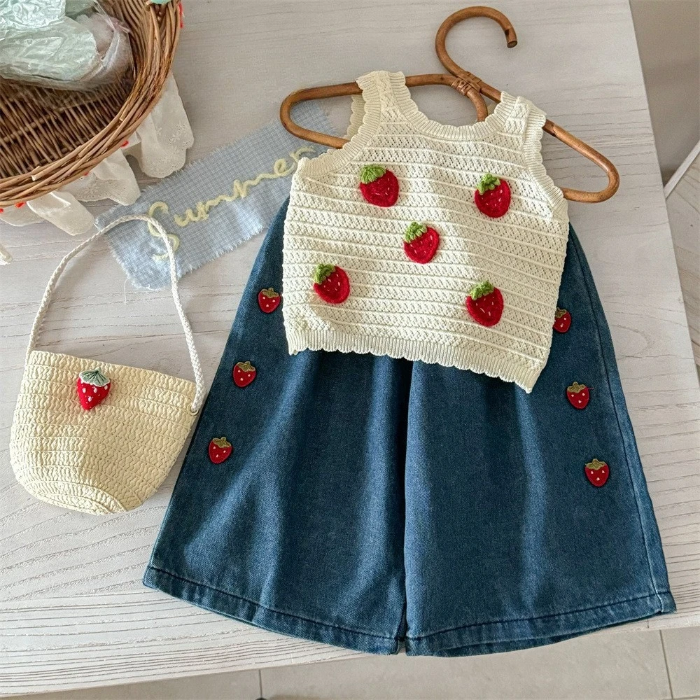 Korean Version Children's Clothing 2026 New Summer Sweet and Cute Girl's Clothes Strawberry Hollow Vest+Blue Pants Two-piece Set