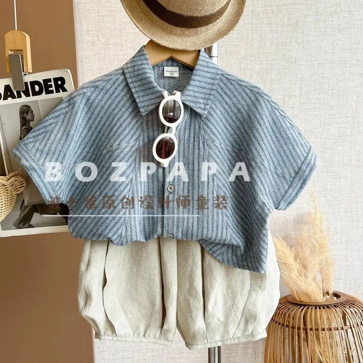 Boys Summer Clothes set 2026 New Handsome and Simple Striped Short Sleeved Shirt Shorts Casual Wear Loose Calf-Length Pant 2-10Y