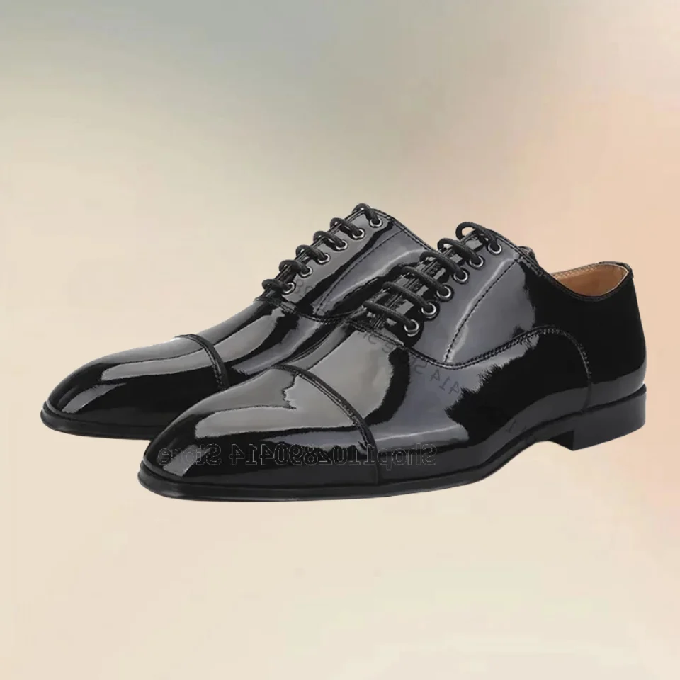 Black Patent Leather Strappy Men Shoes Fashion Lace Up Male Shoes Luxury Handmade Party Feast Banquet Big Size Men Dress Shoes