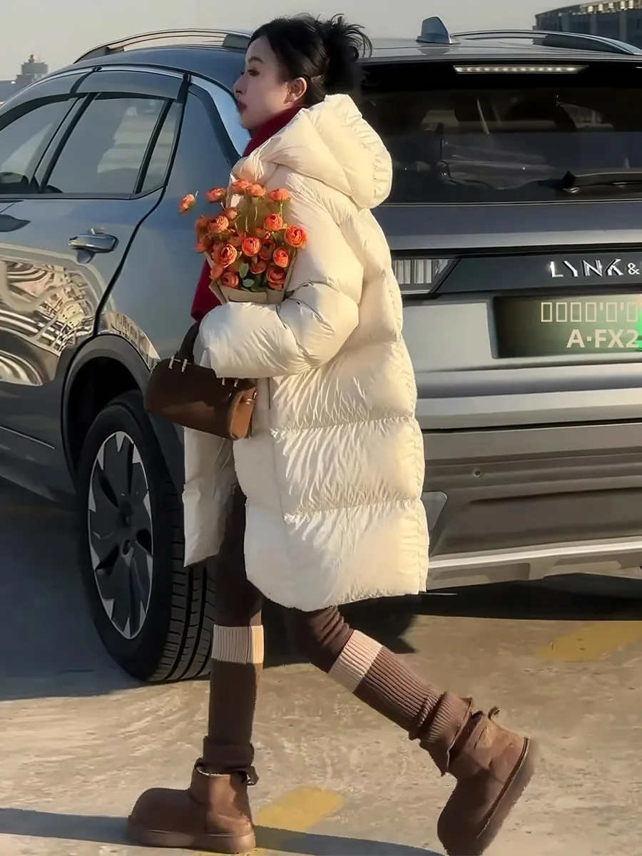 

Корейская женская удлиненная пуховая куртка с капюшоном, зима 2025, теплая, объемная, на молнии, с длинными рукавами