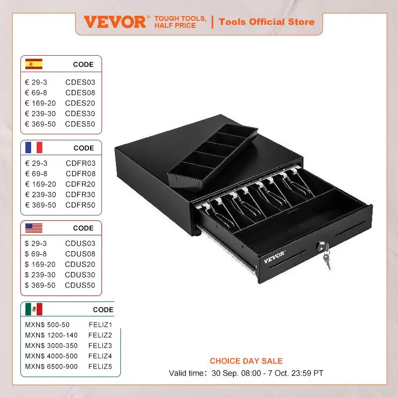 Szuflada na kasę VEVOR 13 "2 sposoby odblokowania w pełni zdejmowana konstrukcja z 4 rachunkami 5 taca na monety 2 klucze w zestawie kompaktowy rozmiar