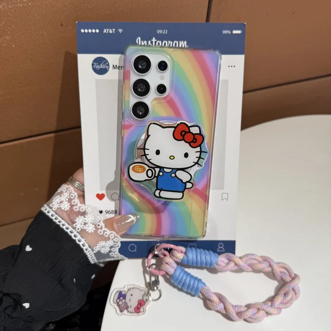 3D Fun Candy Hello Kitty with Magnetic Holder Case For Samsung Galaxy S23 S24 Plus S23 S25 Rainbow Color Wireless Charge Cover