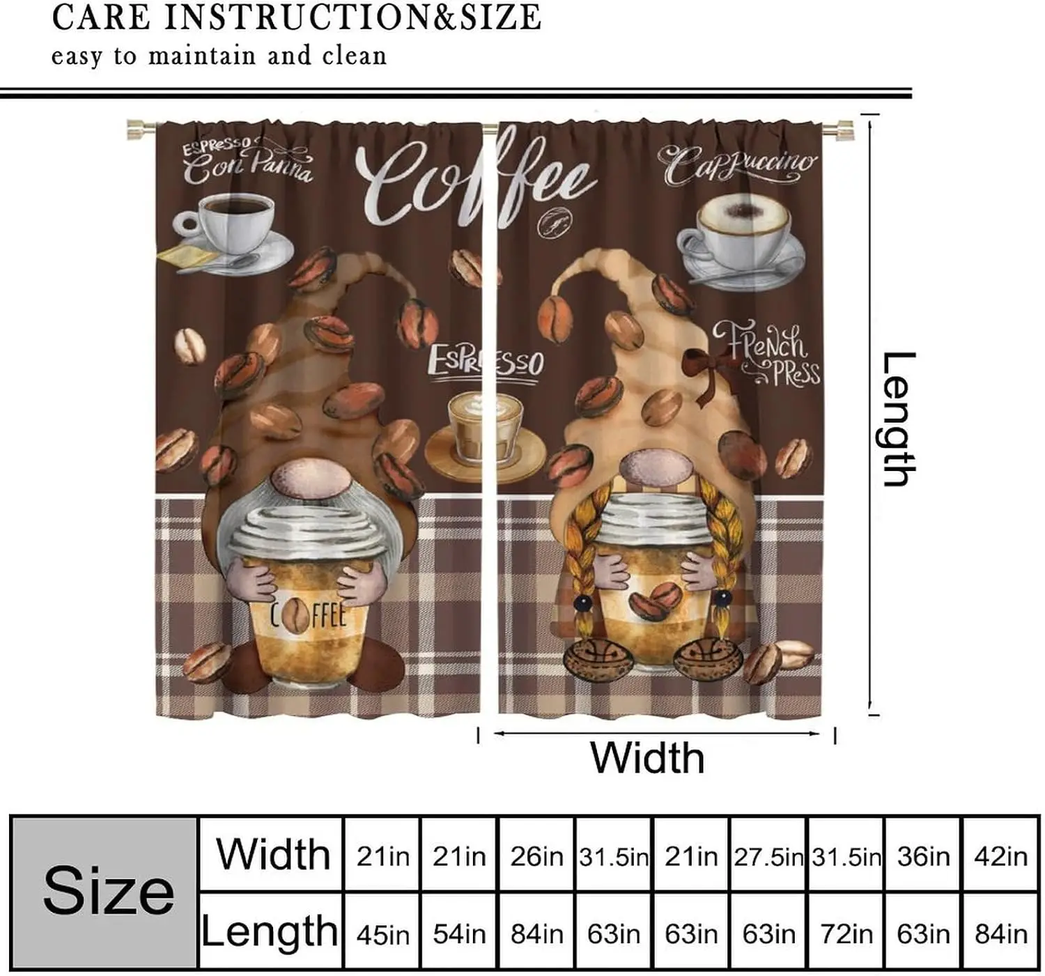 Retro Coffee Dwarf Curtain Panels, Check Base Coffee Bean Latte Cup Cute Cartoon Kitchen Pattern Drapes for Cafe Decoration