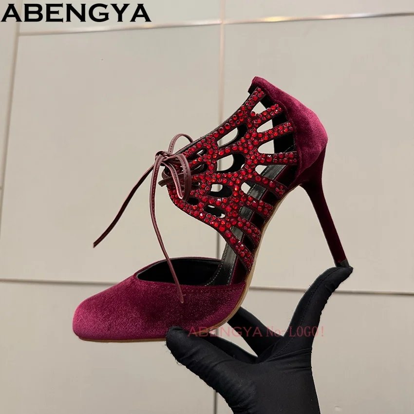 Spring Corduroy Pumps Thin Heels Lace Up Party Shoes For Women Point Toe Summer Slingback Sandals Women's Shoes