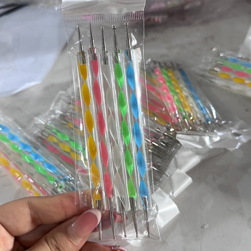 5本セット 水玉模様 ネイルアート ドットペン ネジ山 アクリル 2WAY ラインストーン ジェムピッカーペン UVジェル グラフィティ ペイント マニキュアツール