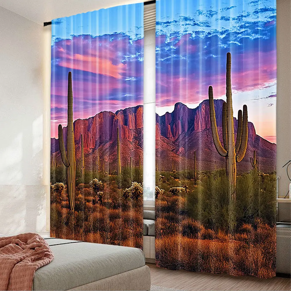 2Pcs Arizona Desert Curtain Western Party Decor Blue Sky Sand Dunes Cactus Wilderness Mountain Window Drapes Suitable For Living