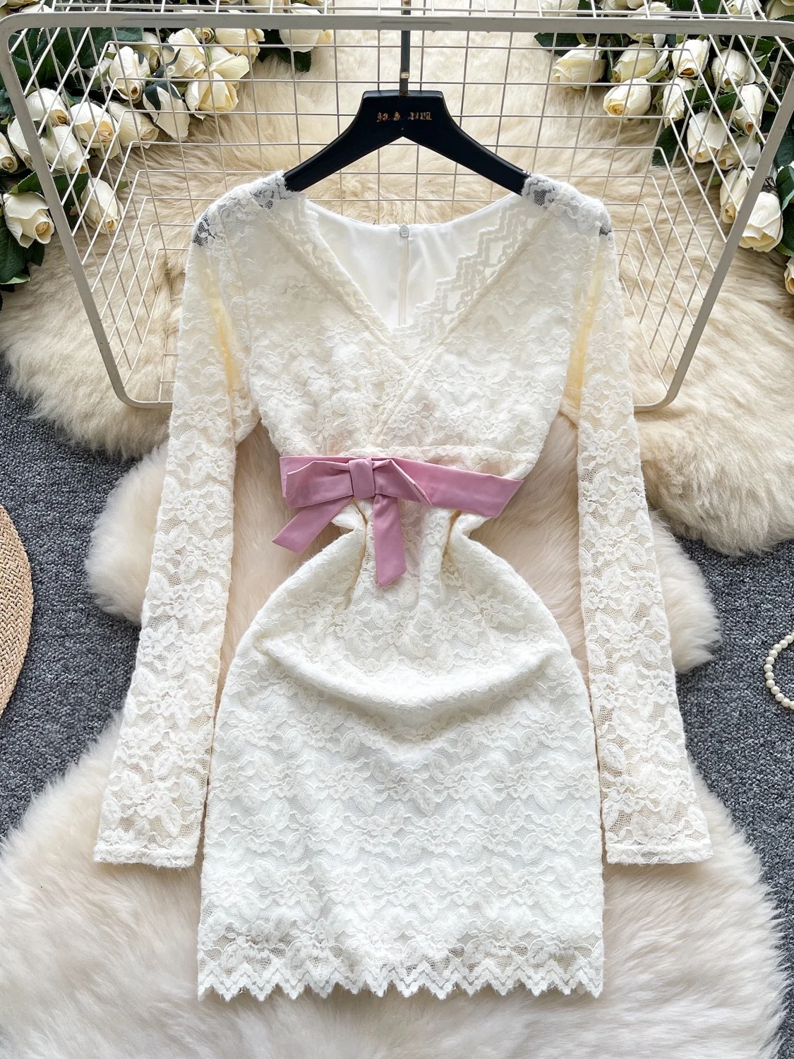 

Sexy V-Ne Knot Long Sve Lace Dr Women's Slim Fit ort Skirt High Waist Polyester Fiber Summer Ci Commute