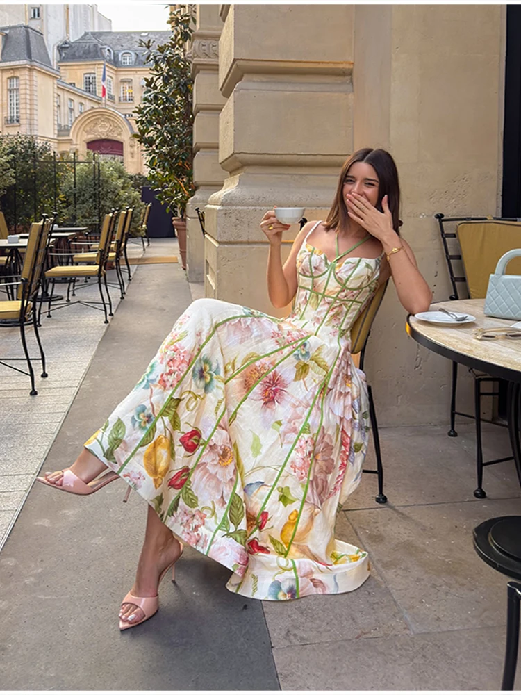 2026 Neues Boho Blumenmuster Neckholder Maxikleid für Damen Korsett-Bustier Rosa Besatz A-Linie Fließendes Sommer-Urlaubskleid für den Strand – Detail 9
