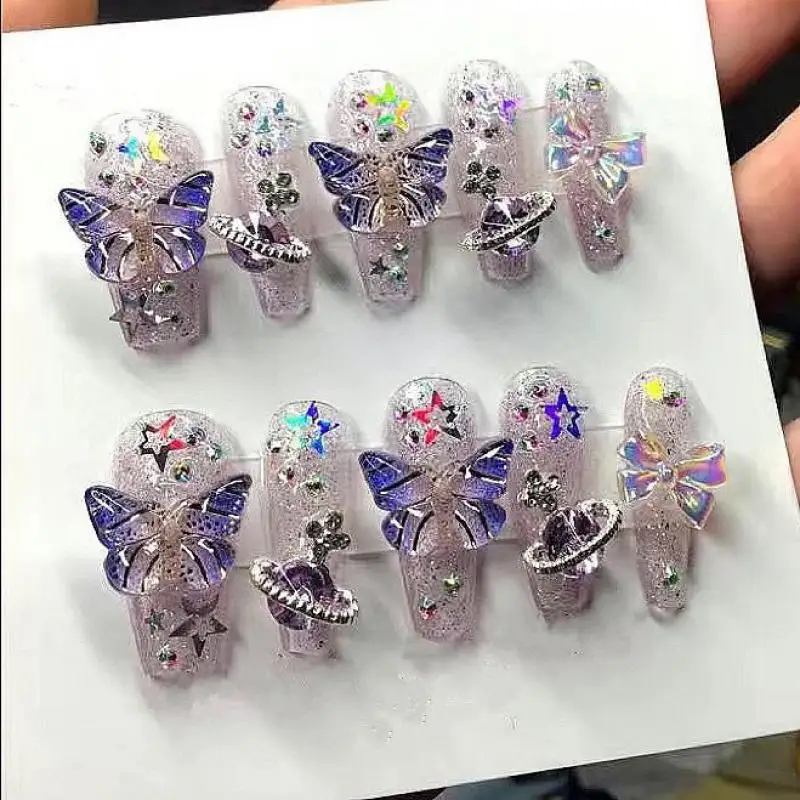 Fashion Purple Flash 3D Handmade Butterfly Aurora Planet Removable Fake Nail Patch Girl Reusable Long Coffin Stiletto Nails Tips