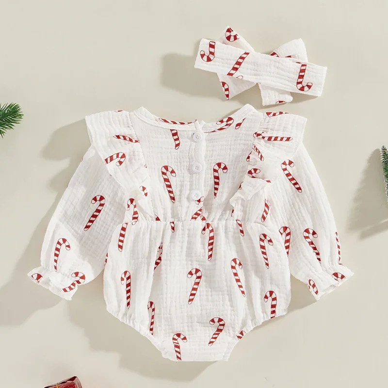 Baby Girls Christmas Romper Candy Cane Print Long Sleeve Ruffle Jumpsuits Headband Set for Newborn Xmas Clothes Outfit