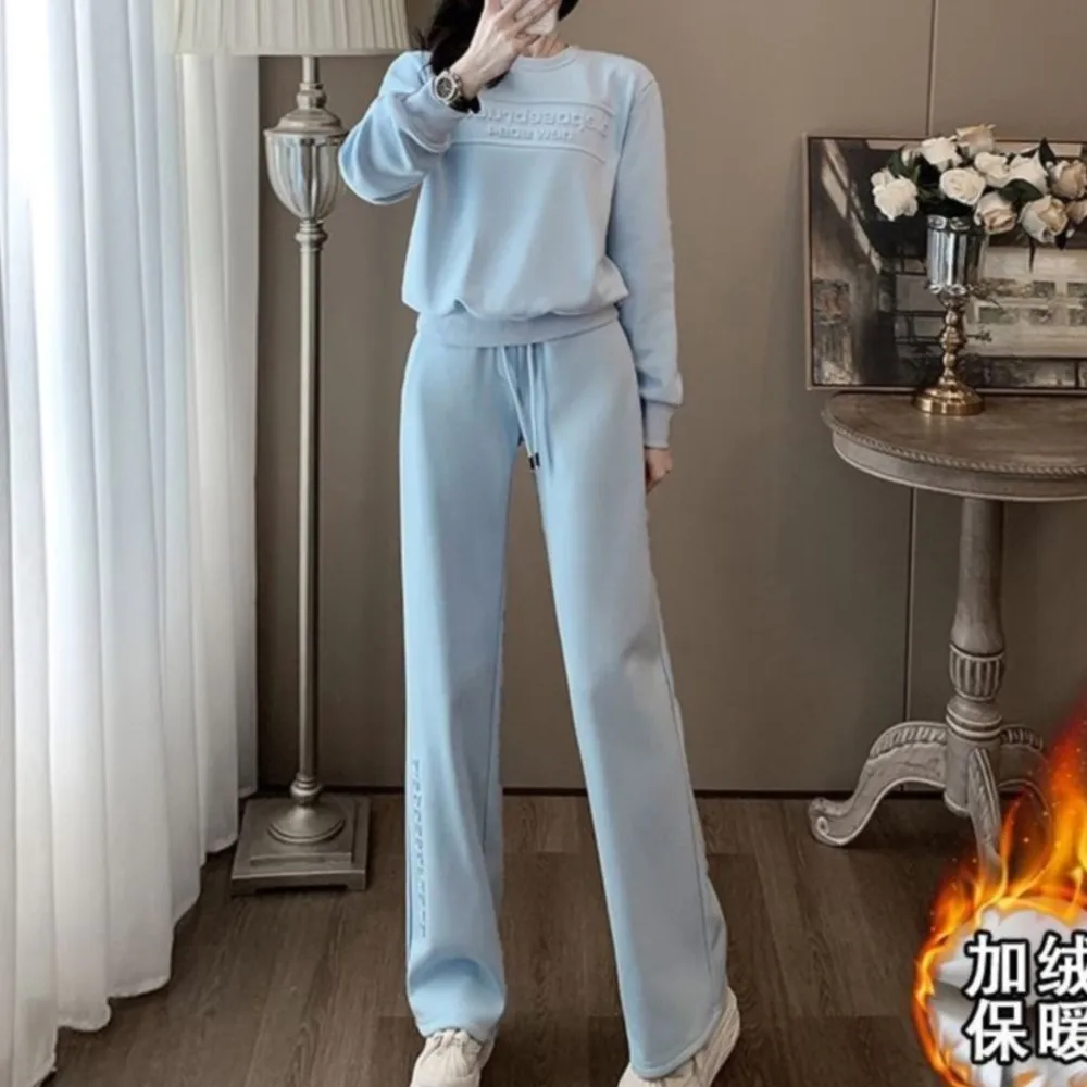 Crew-neck Hoodie Long-sleeved Casual Sports Women\'s Suit Autumn Winter New Fleece Pants Lace-up Female Jogging 2-piece Set