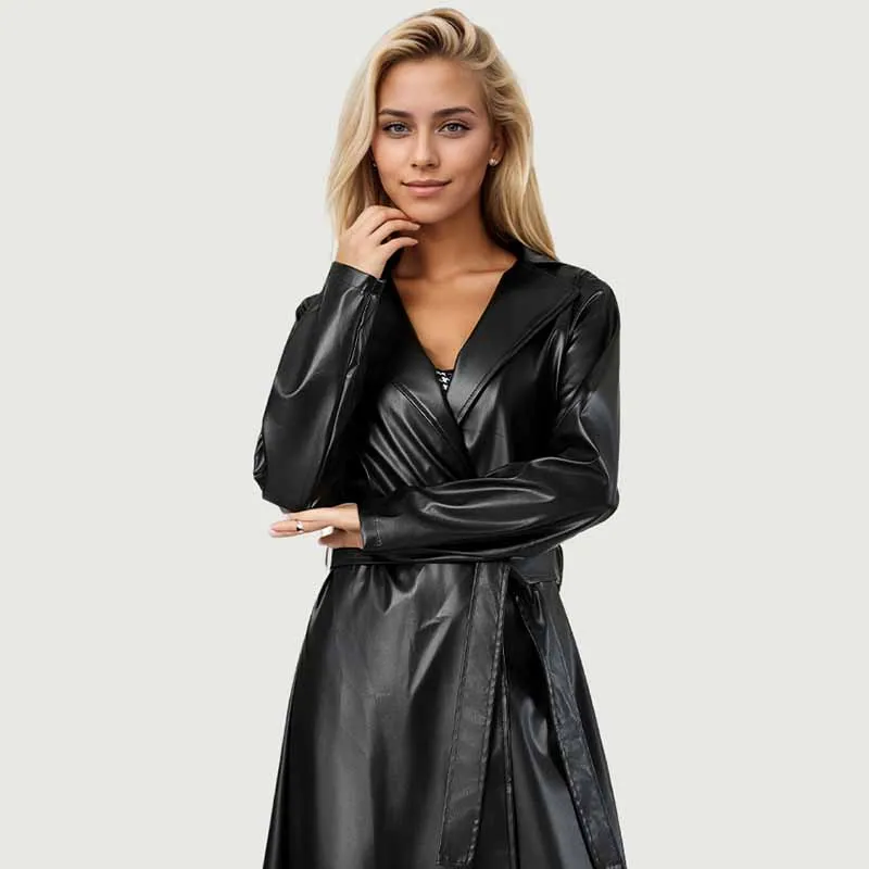 Spring Autumn Long Black Pu Leather Trench Coat Women Streetwear Fashion Belt Turndown Collar Overcoat Temperament Outerwear