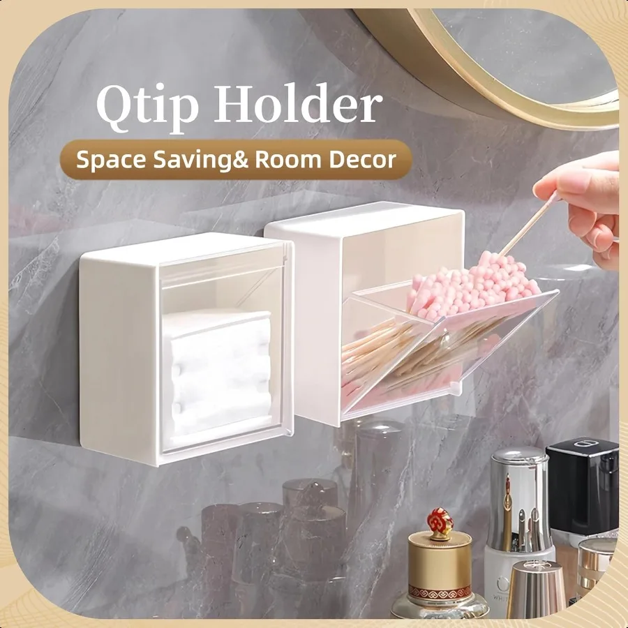 Qtip Holder Wall Mount for Cotton Swabs Balls Pads Hair Ties Floss Picks Small Plastic Bathroom Wall Organizers and Storage Set