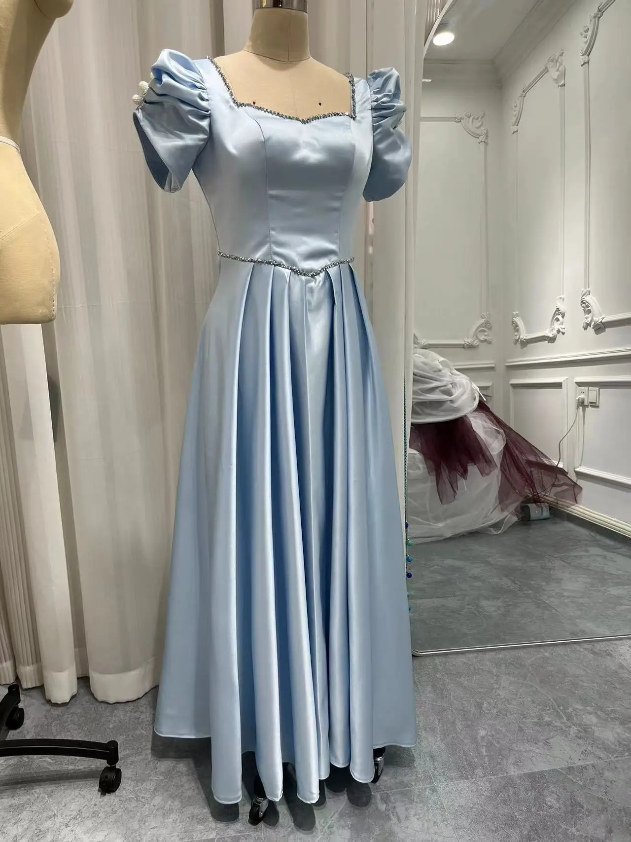 Real Picture Stock Sky Blue Prom Dresses Short Sleeve 2024 Pearls Bow A Line Satin Women Formal Evening Dress Wedding Party Gown