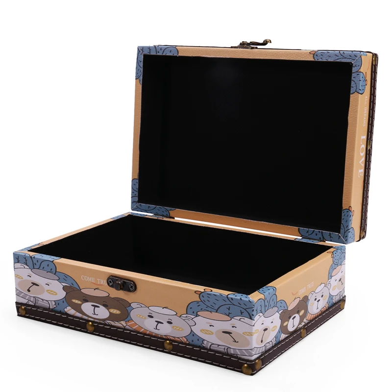 

Wood And Leather Treasure Chest Womens Jewelry Keepsake Storage Box For Birthday Wedding With Cute Bear Pattern