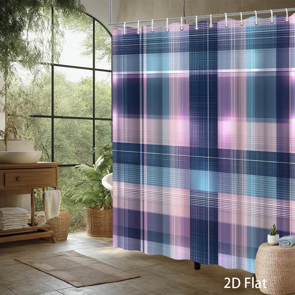 Modern Plaid Shower Curtain – Blue Pink White Grid, 2D Flat Print, Fade-Resistant Polyester, 12 Hooks, 70.8