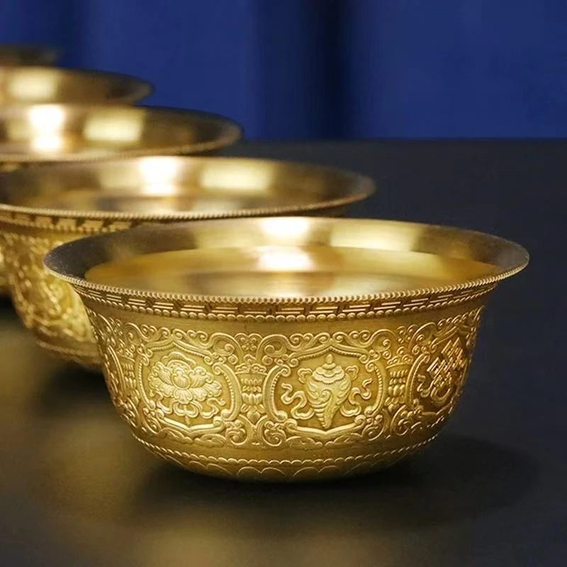 Buddhism Hall Altars Bowl,Engraving Eight Auspicious Brass Bowl,Tibetan Golden Holy Cup Buddhist Religious Item Decorative