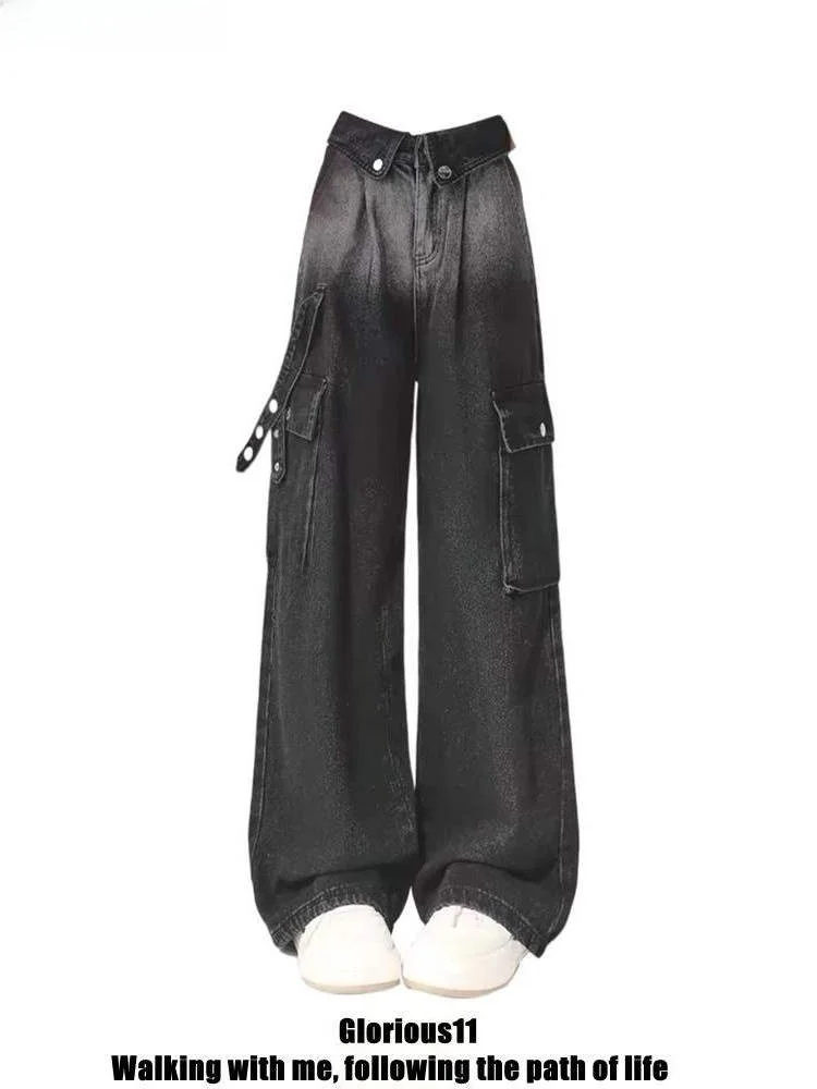 

adient Color Women's Jeans High Street Retro Design Loose Wide Leg Workwear Trousers Trendy Casual High Waist Nine-Piece