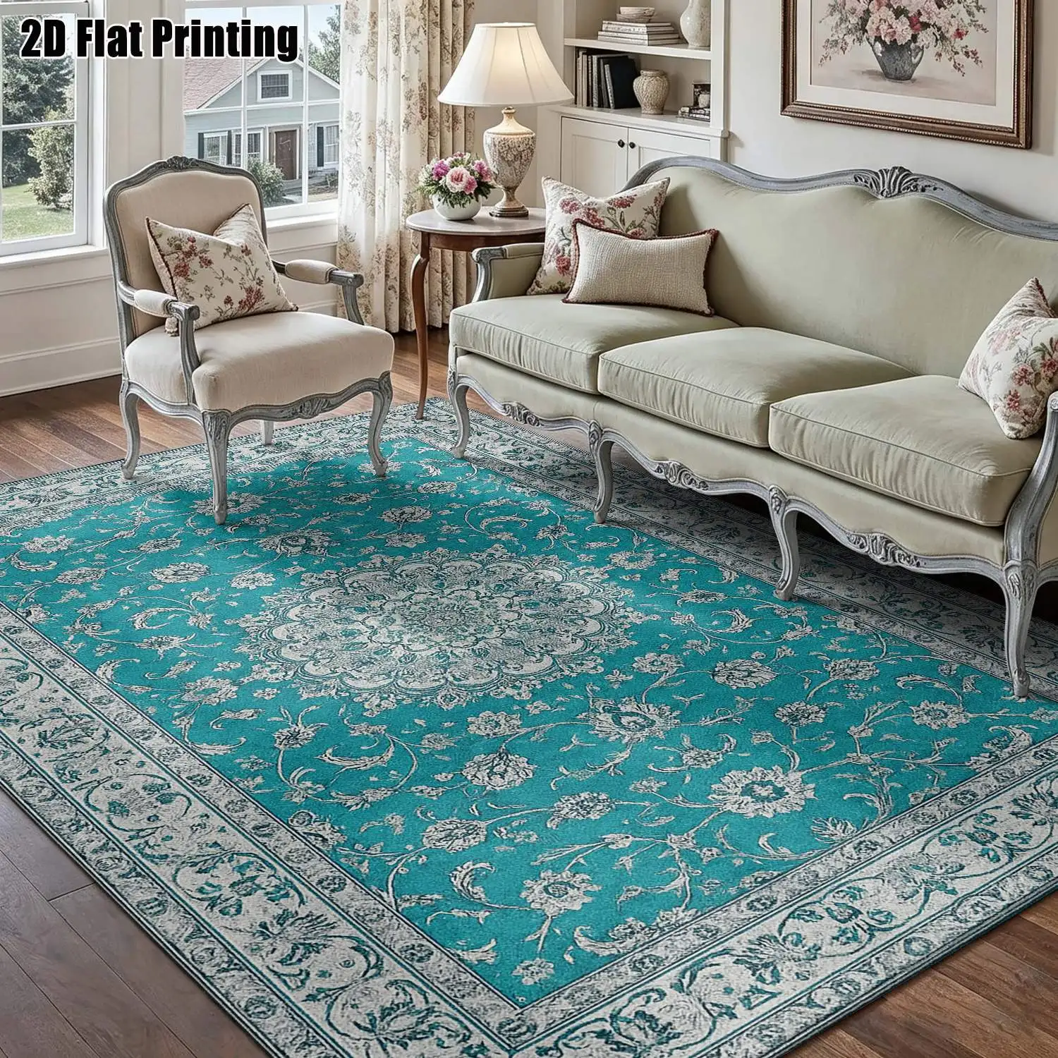 1Pc 2D Printed Carpet: Green-Blue Floral Retro Pattern, European/Bohemian/Geometric Style, Machine Washable, Multi-Size for Home Decor, Entrance/Dining/Bedroom/Living Room Etc