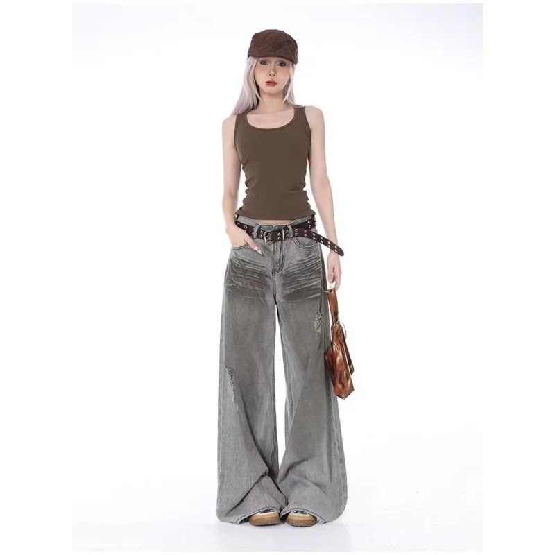 Autumn Y2K Fashion Vintage Grey Baggy Jeans Pants For Women Clothes Wide Leg Straight Harajuku Casual Loose Lady Old Trousers