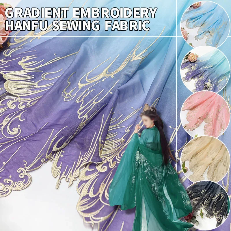 Chinese Classical Gradient Embroidery Fabric Heavy Lotus Leaf Edge Designer Material for DIY Hanfu Dress Dance Costume