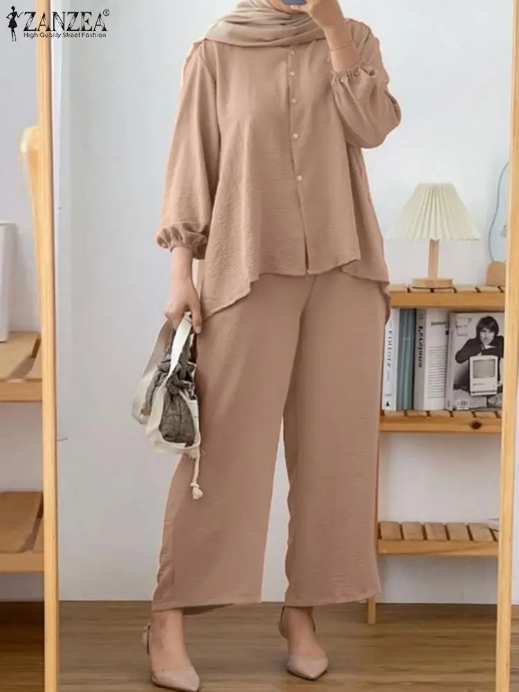 

2PCS Spring Long Sleeve Shirt Trousers Suits ZANZEA Fashion Women Muslim Pants Sets Vintage Dubai Turkey Abaya Hijab Tracksuit