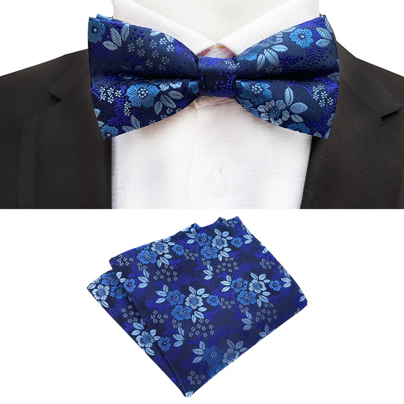 2026 New Arrival: Men's Blue Bow Tie with Matching Square Handkerchief—Accessories for Wedding, Party, and Performance Attire.