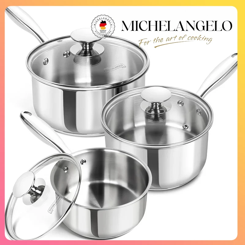 MICHELANGELO Juego de sartenes para salsa de acero inoxidable, cacerolas de 1QT, 2QT y 3QT con tapas, ollas de leche para cocinar, horno compatible con inducción seguro