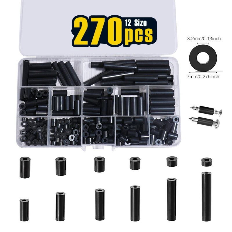 270Pcs, Black ABS Round Spacers ID 3mm, OD 7mm, Length Ranges from 3mm to 35mm, Non-Threaded Outlet Screws