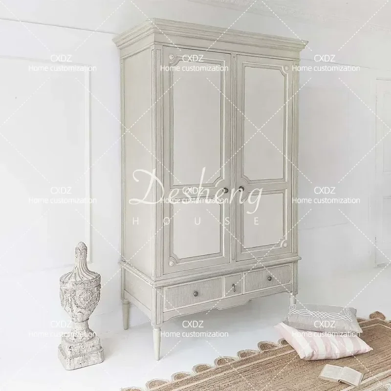 French Retro Solid Wood Wardrobe with Drawers European Style Bedroom Closet Storage Cabinet for Small Apartment