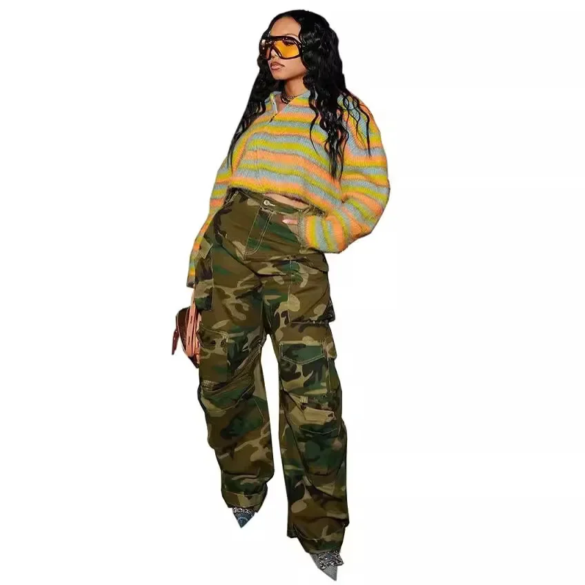 Ropa de calle, pantalones vaqueros informales de camuflaje para mujer, pantalones holgados rectos de pierna ancha, pantalones Cargo con múltiples bolsillos de cintura alta, pantalones de otoño