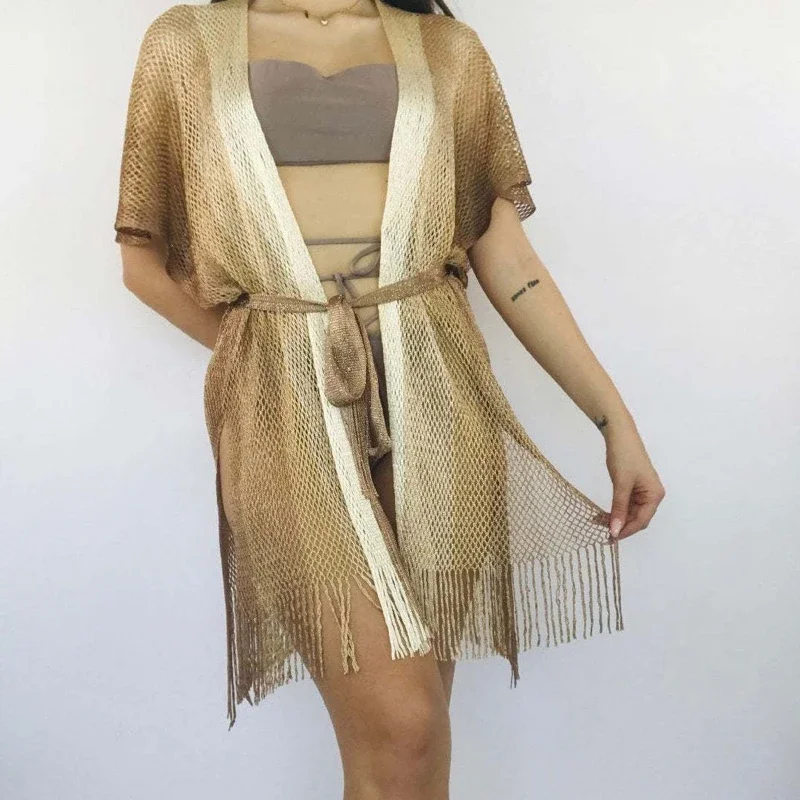 2025年女性向けタッセルスタイル透明パーティーローブ、ストリートウェア、半袖ニット、ファッショナブルなストライプ柄カラフルベルト付きカーディガンワンピース