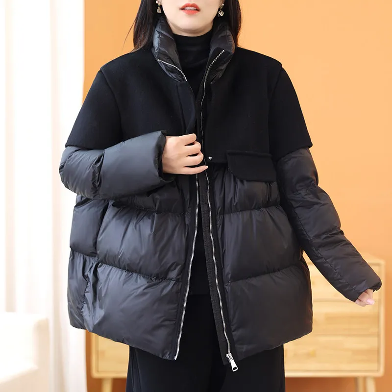 Winter New Women's Down Jacket Windproof Splicing Woolen Coat